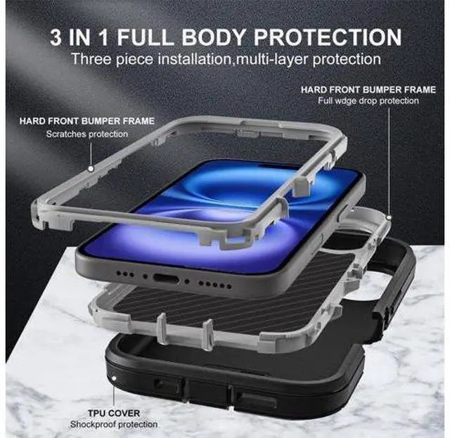 Alt view image 4 of 6 - for iPhone 16 Case Military Grade 3 in 1 Heavy Duty Shockproof/Drop Proof/Dust Proof Case with 2Pcs Tempered Glass Screen Protector (Black/Grey)
