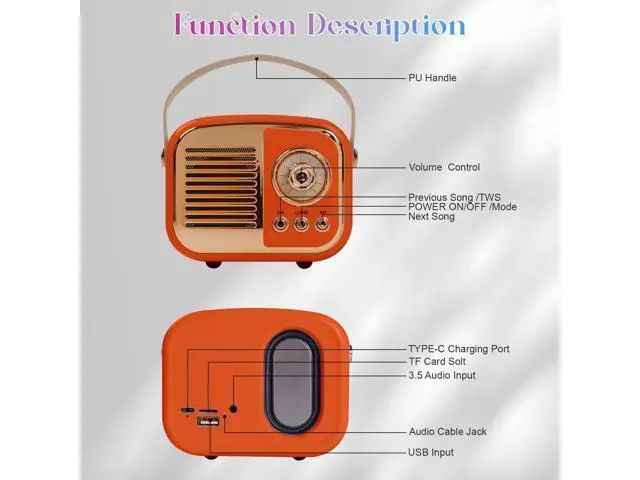 Alt view image 6 of 7 - Aresrora Retro Bluetooth Speaker, Vintage Wireless Speaker,Portable Mini Radio Old Fashion Style for Room Decor Kitchen Desk Bedroom Office,Supports TWS Pairing for iPhone,Android Devices (Orange)