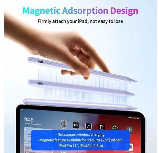 Alt view image 7 of 7 - Stylus Pen for iPad Fast Charging Pencil for Pad with Palm Rejection Tilt Sensitivity for iPad 6-10 Pro 11/12.9/M4 Air 3/4/5/M2 Mini 5/6 Purple