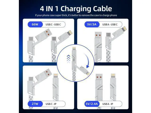Alt view image 2 of 7 - 4 in 1 Charging Cable 5FT -MAX 66W Fast Charging Multi Charging Cable for All Devices USB A/C to C/Lightning Cable Multiple iPhone Charger Cord for iPhone 16/15/14/13/iPad/Android/Tablets and More