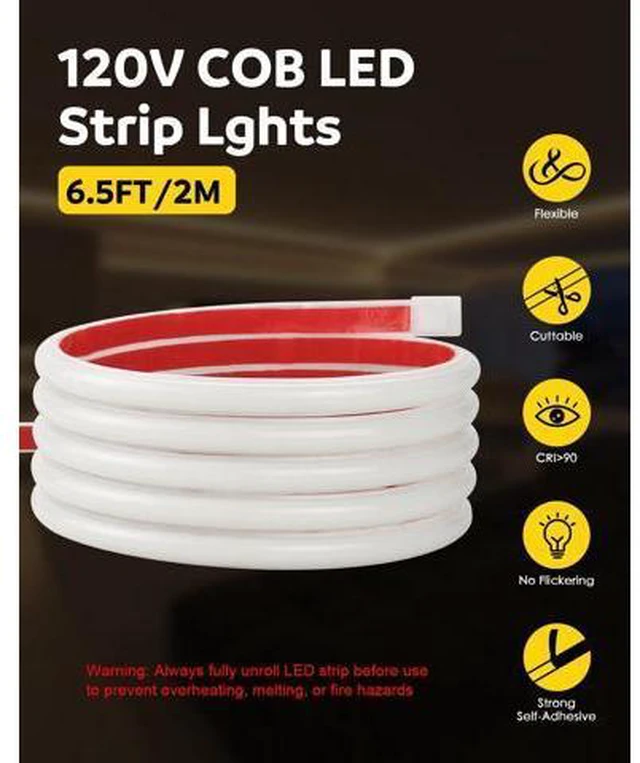 Alt view image 2 of 7 - COB LED Strip Light 110V 120V 6FT LED Light Strip Warm White 3000K with Self-Adhesive Super Bright 576LEDs Flexible Rope Lights for Kitchen Cabinets Closet DIY Lighting Project CRI90+ IP67