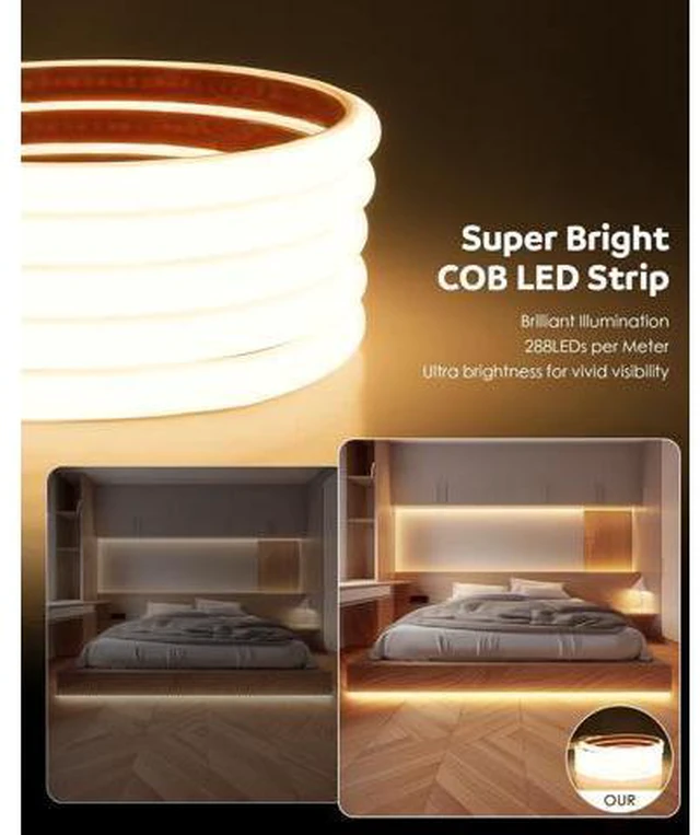 Alt view image 4 of 7 - COB LED Strip Light 110V 120V 6FT LED Light Strip Warm White 3000K with Self-Adhesive Super Bright 576LEDs Flexible Rope Lights for Kitchen Cabinets Closet DIY Lighting Project CRI90+ IP67