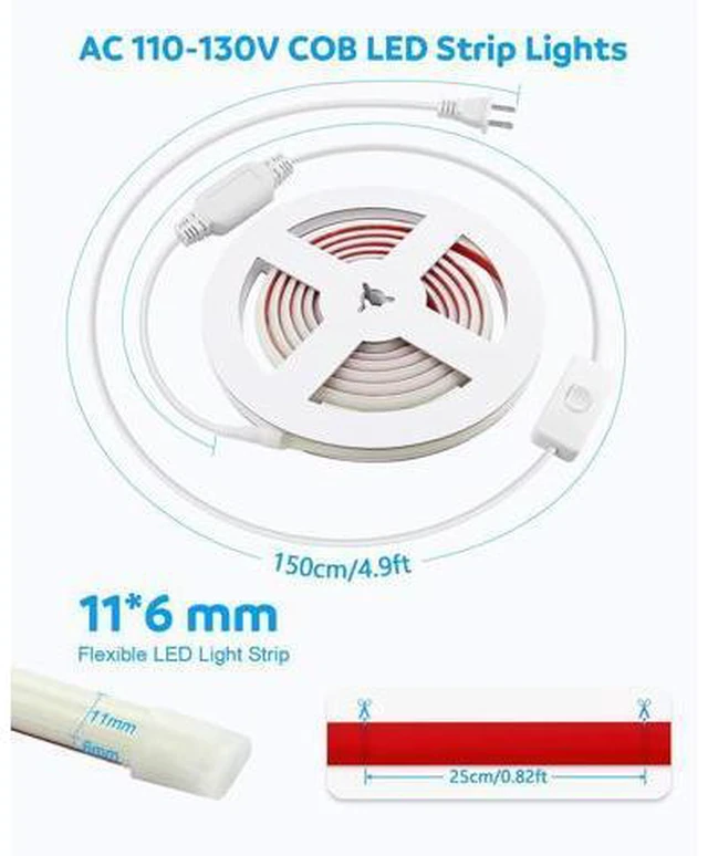 Alt view image 6 of 7 - COB LED Strip Light 110V 120V 6FT LED Light Strip Warm White 3000K with Self-Adhesive Super Bright 576LEDs Flexible Rope Lights for Kitchen Cabinets Closet DIY Lighting Project CRI90+ IP67