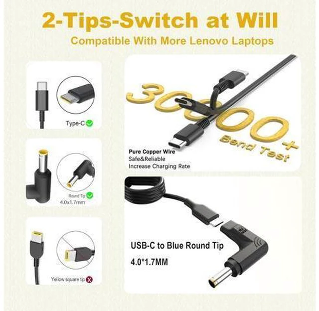 Alt view image 3 of 7 - Charger Compatible with Laptop Computer-2 Tips 65W 45W USB C Laptop Charger and Round Tip 4.0 * 1.7mm IdeaPad AC Adapter