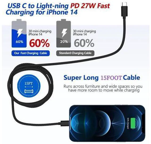 Alt view image 3 of 7 - MFi Certifiedfor 15ft Braided Lightning Cable 1 Pack Nylon Long iPhone Charger Cord with PD 27W Fast Charging 5M Extra Long Durable Tangle-Free Charging Cable for iPhone iPad Bedside Home Office
