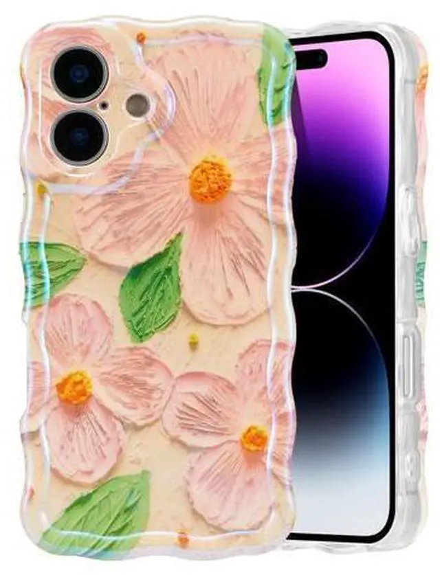 Main image of SOEWIOU Case for iPhone 17, Colorful Retro Oil Painting Flower Leaf Laser Glossy Pattern Cute Curly Waves Edge Exquisite Phone Cover Stylish Durable TPU Protective Case for Women - Pink Green