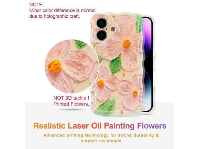 Alt view image 2 of 7 - SOEWIOU Case for iPhone 17, Colorful Retro Oil Painting Flower Leaf Laser Glossy Pattern Cute Curly Waves Edge Exquisite Phone Cover Stylish Durable TPU Protective Case for Women - Pink Green