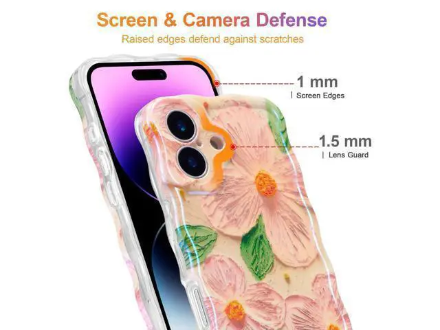 Alt view image 4 of 7 - SOEWIOU Case for iPhone 17, Colorful Retro Oil Painting Flower Leaf Laser Glossy Pattern Cute Curly Waves Edge Exquisite Phone Cover Stylish Durable TPU Protective Case for Women - Pink Green