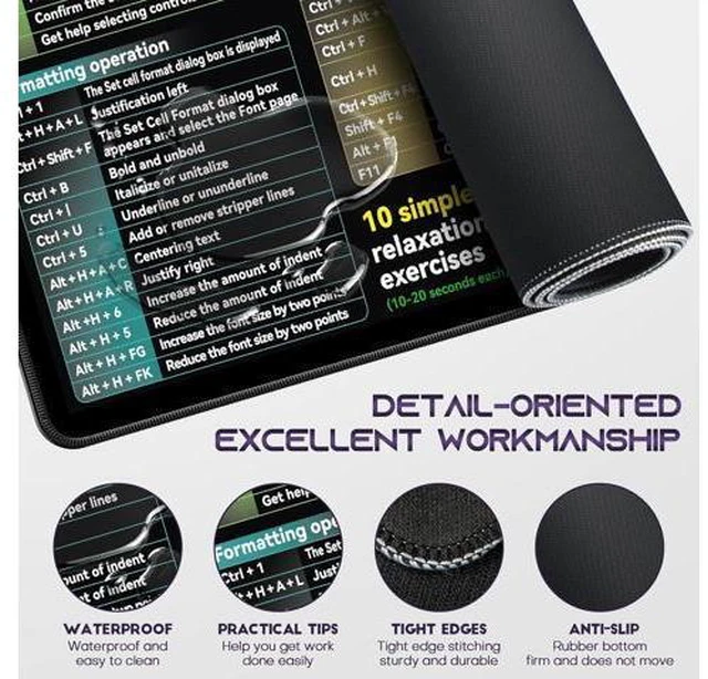 Alt view image 3 of 7 - Excel Cheat Sheet Desk pad|excel Mouse pad|Contains Excel Shortcut Keys Lager Mouse pad for Desk| XL31.5 * 11.8in Size|Desk mat for Keyboard and Mouse|Mouse Pads|WaterproofAnti-SlipSmooth