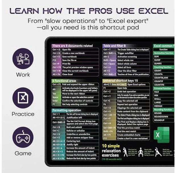 Alt view image 6 of 7 - Excel Cheat Sheet Desk pad|excel Mouse pad|Contains Excel Shortcut Keys Lager Mouse pad for Desk| XL31.5 * 11.8in Size|Desk mat for Keyboard and Mouse|Mouse Pads|WaterproofAnti-SlipSmooth