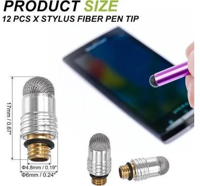Alt view image 2 of 6 - 6mm (0.24) Stylus Pen Fiber Tips 12Pcs Universal Mesh Soft Conductive Replacement Tip Touch Screen Stylus Pen with External Thread Gray
