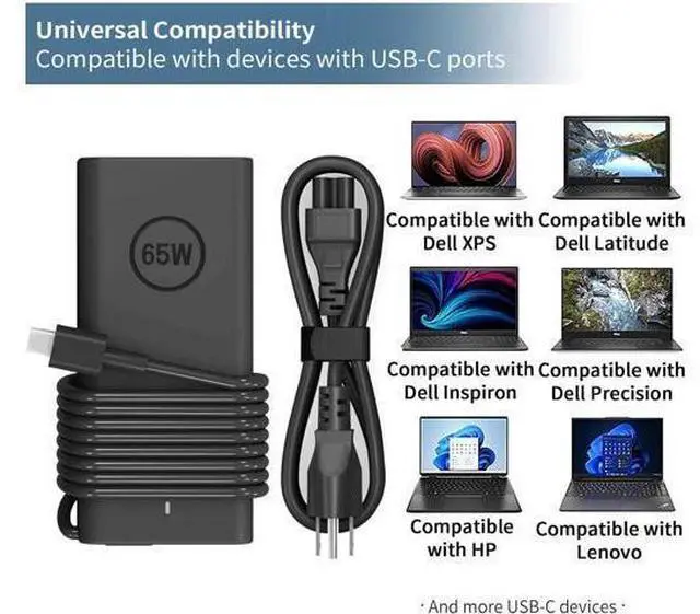 Alt view image 3 of 6 - New Slim 65W USB C Laptop Charger Replacement for Laptop Charger USB C Compatible with Latitude 5420 5520 5540 7420 7410 3450 5290 7400 XPS 13 Chromebook 3100 Type C AC Adapter Power Cord