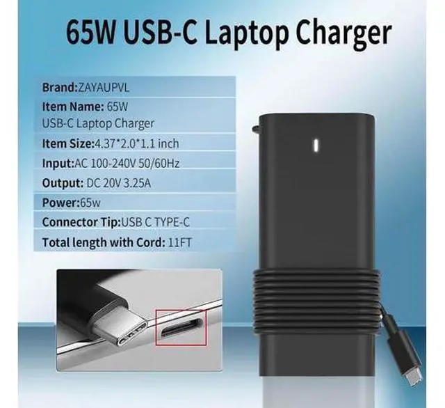 Alt view image 2 of 6 - New Slim 65W USB C Laptop Charger Replacement for Laptop Charger USB C Compatible with Latitude 5420 5520 5540 7420 7410 3450 5290 7400 XPS 13 Chromebook 3100 Type C AC Adapter Power Cord