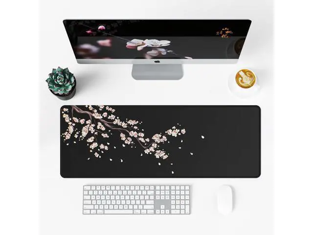 Alt view image 2 of 7 - Japanese Plum Blossoms Black Mouse Pad (31.5 × 11.8 × 0.12 inch) Extended Large Mouse Mat Desk Pad Stitched Edges Mousepad Non-Slip Rubber Base Gaming Mouse Pad XL.
