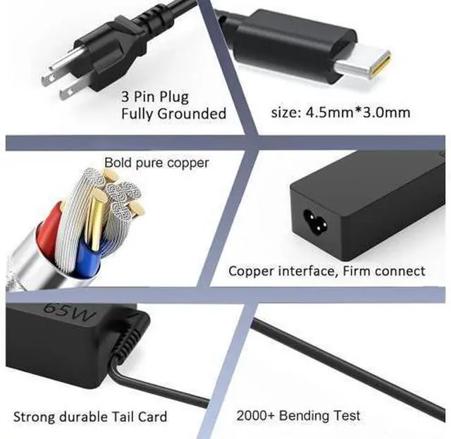 Alt view image 3 of 6 - Replacement for 65W Laptop Charger USB C Compatible with ThinkPad T480s T580s T490 E480 E580 Chromebook C330 S330 100e 300e 500e Yoga C930 C940 720 Power Supply Adapter Cord