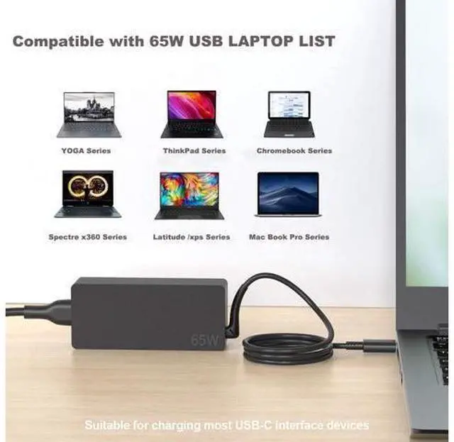 Alt view image 6 of 6 - Replacement for 65W Laptop Charger USB C Compatible with ThinkPad T480s T580s T490 E480 E580 Chromebook C330 S330 100e 300e 500e Yoga C930 C940 720 Power Supply Adapter Cord