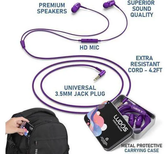 Alt view image 2 of 7 - OMNITONE Wired Earbuds in-Ear Headphones 5 Years Warranty Earphones with Microphone 3.5 mm Jack Corded Ear Buds Videoconference for iPhone Laptop Kids School Students - Purple