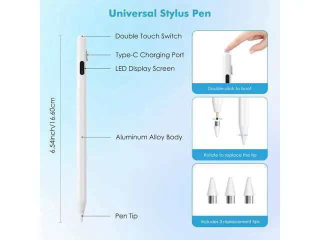 Alt view image 6 of 7 - Stylus Pen for Touch Screen Active Universal Stylus Pen Compatible with iPad/iPhone/(Non-S Pen) and Other iOS/Android Smartphone and Tablet Devices Tablet Pencil with Power Display White