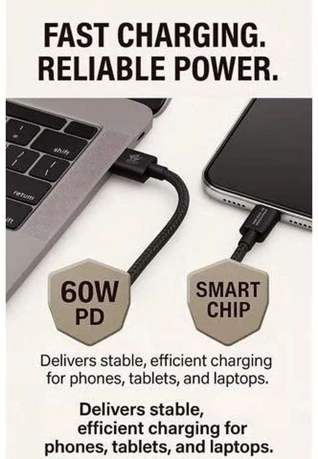 Alt view image 5 of 7 - 60W USB C to USB C Fast Charging Cable | C to C Type C Charger Cord for Phones & Tablets | Nylon Braided 6.6 ft | Kave-Series Pebble 60
