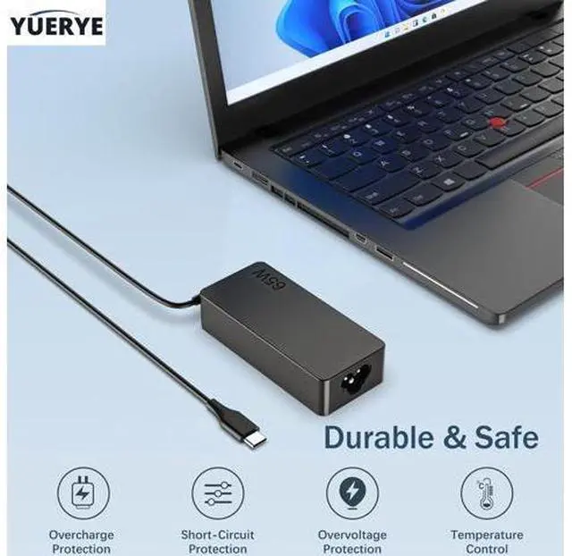 Alt view image 3 of 7 - 65W USB C Laptop Charger Compatible with ThinkPad T14 T15 T16 E14 E15 T480S T580S E480 E580 X1 Carboon Yoga 7i 9i C930 C940 Chromebook C330 S330 Fast Power Adapter