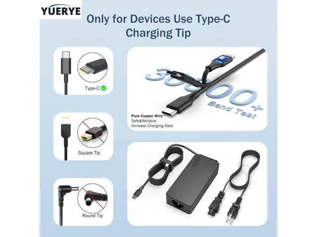 Alt view image 4 of 7 - 65W USB C Laptop Charger Compatible with ThinkPad T14 T15 T16 E14 E15 T480S T580S E480 E580 X1 Carboon Yoga 7i 9i C930 C940 Chromebook C330 S330 Fast Power Adapter