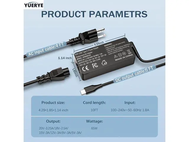 Alt view image 5 of 7 - 65W USB C Laptop Charger Compatible with ThinkPad T14 T15 T16 E14 E15 T480S T580S E480 E580 X1 Carboon Yoga 7i 9i C930 C940 Chromebook C330 S330 Fast Power Adapter