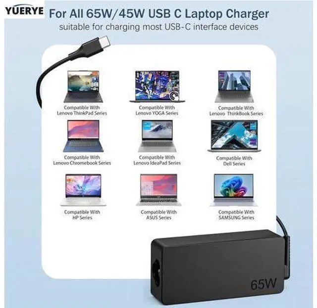 Alt view image 6 of 7 - 65W USB C Laptop Charger Compatible with ThinkPad T14 T15 T16 E14 E15 T480S T580S E480 E580 X1 Carboon Yoga 7i 9i C930 C940 Chromebook C330 S330 Fast Power Adapter