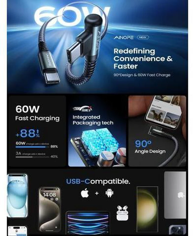 Alt view image 3 of 7 - USB C to USB C Cable 10FT 2Pack 60W Type C Cable Righe Angle for iPhone 16 Pro Max Charger Fast Charging Long Charger Cord Cable 10FT Compatible with iPhone 16 MacBook iPad Pro Airpods Pixel
