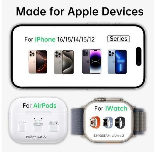 Alt view image 2 of 7 - 2025 3 in 1 Charging Station Fast Charging for iPhone Wireless Charger for iPhone 17 16e 16 15 14 13 12 11 X Pro Max & Watch - Wireless Charging Station for AirPods 4 3 2 Pro