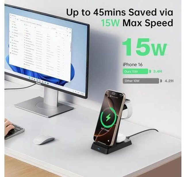 Alt view image 4 of 7 - 2025 3 in 1 Charging Station Fast Charging for iPhone Wireless Charger for iPhone 17 16e 16 15 14 13 12 11 X Pro Max & Watch - Wireless Charging Station for AirPods 4 3 2 Pro