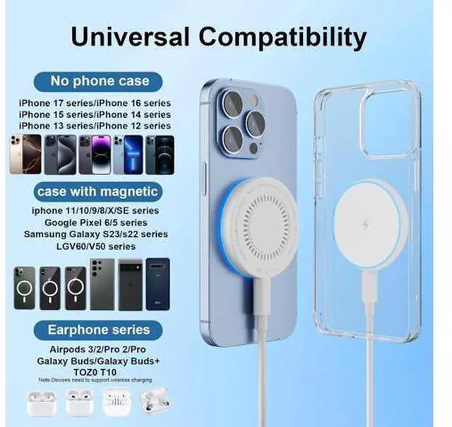Alt view image 7 of 7 - MagSafe Charger 2 Pack 15W Magnetic Wireless Charger Fast Charging Pad Compatible with iPhone 17/16/15/14/13/12 Series & AirPods 3/2/Pro Magnetic MagSafe Charging Pad with Dual Ports