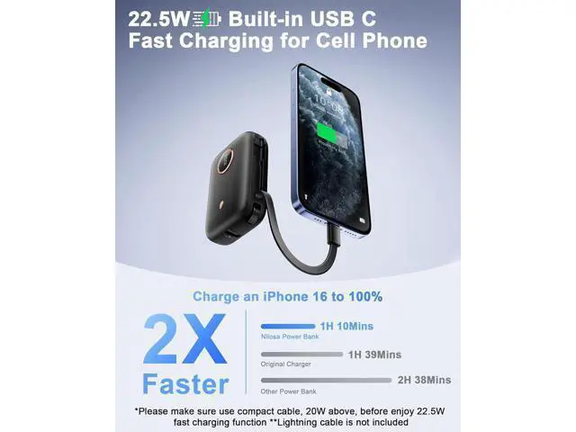 Alt view image 3 of 7 - Power Bank Fast Charging Small 22.5W 10000mAh USBC Portable Charger with Built-in USB-C Cable Mini Battery Pack Essentials 2 USB C and 1 A for iPhone 17/16/15 Series Google Android