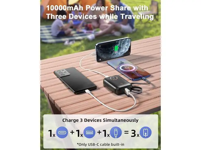 Alt view image 4 of 7 - Power Bank Fast Charging Small 22.5W 10000mAh USBC Portable Charger with Built-in USB-C Cable Mini Battery Pack Essentials 2 USB C and 1 A for iPhone 17/16/15 Series Google Android