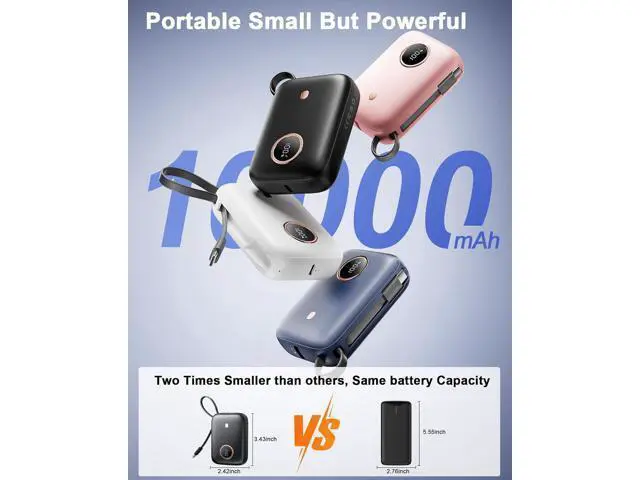 Alt view image 5 of 7 - Power Bank Fast Charging Small 22.5W 10000mAh USBC Portable Charger with Built-in USB-C Cable Mini Battery Pack Essentials 2 USB C and 1 A for iPhone 17/16/15 Series Google Android