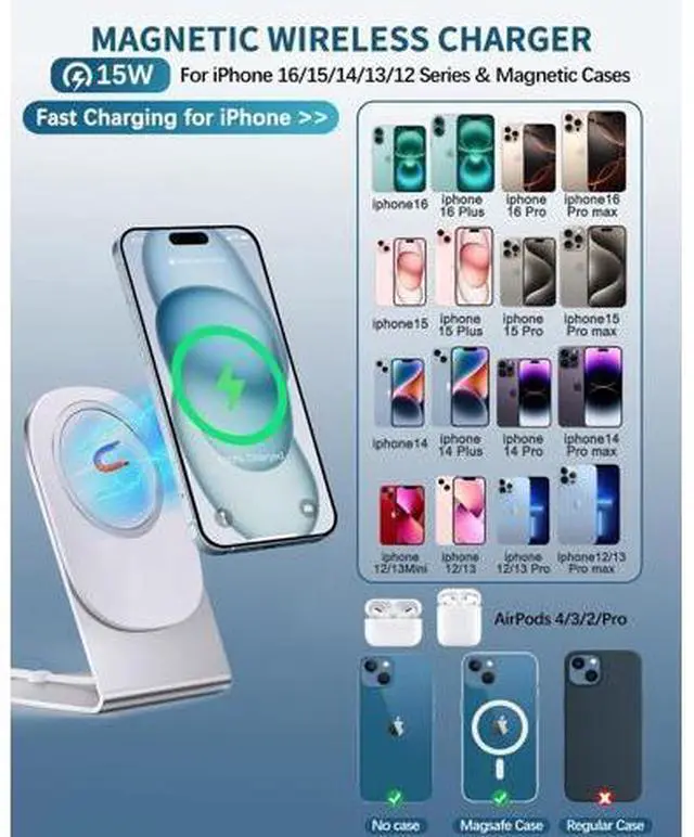 Alt view image 3 of 7 - Magnetic Wireless Charger Mag-Safe Charger for iPhone 17/16/15/14/13/12 Series Convertible Magnet Wireless Charging Stand/Pad with 5ft Cable for iPhone and AirPods 2/3/Pro 2/Pro