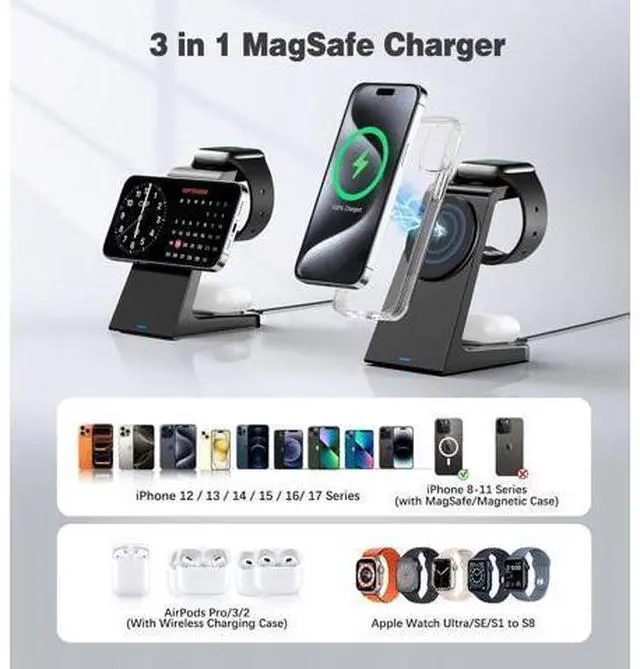 Alt view image 2 of 7 - 3 in 1 Magnetic Wireless Charging Station 20W Charger Stand Magnetic Wireless Charger for iPhone 16 15 14 13 12 Pro/Pro Max/Plus/Mini AirPods 2/3/Pro iWatch Ultra/8/7/SE/6/5/4/3/2 (3 in 1)