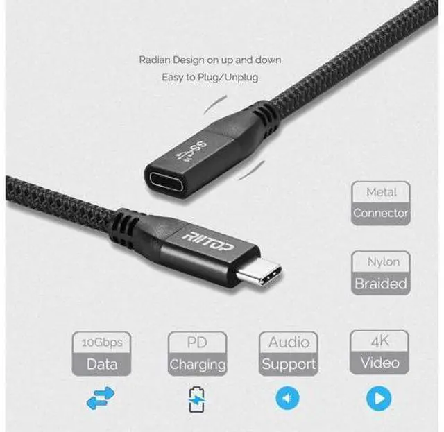 Alt view image 2 of 7 - USB C Extension Cable Short (2FT) USB Type-C Male to Female Extender for Nintendo Switch MacBook Pro XPS (Thunderbolt 3 Compatible)
