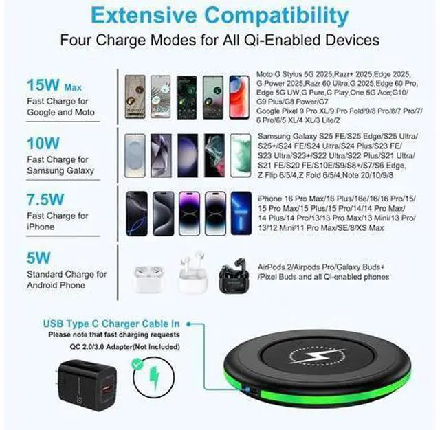 Alt view image 6 of 7 - Wireless Charger for Galaxy S25 Ultra/S25 Plus/S25Edge/Z Fold7/Flip7/S24FE/S23Ultra/S22/S21 15W Android Charger Fast Charging Pad Wireless Charging Station for Google Pixel 10 Pro XL Fold 9a 8