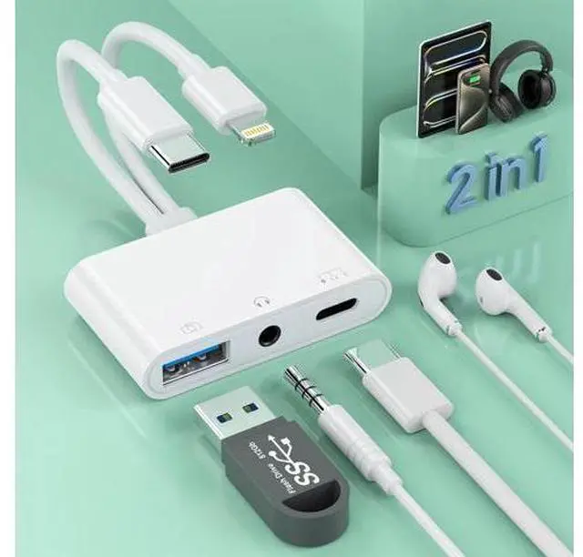 Main image of 2-in-3 Lightning + USB C to 3.5mm Aux Audio Headphone Splitter Adapter Cable USB OTG Camera Adapter+3.5mm Jack+Type-C Earphone/Charge Port Phone Splitter for iPhone 15/14/13 iPad