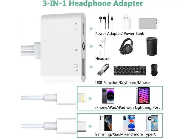 Alt view image 2 of 7 - 2-in-3 Lightning + USB C to 3.5mm Aux Audio Headphone Splitter Adapter Cable USB OTG Camera Adapter+3.5mm Jack+Type-C Earphone/Charge Port Phone Splitter for iPhone 15/14/13 iPad