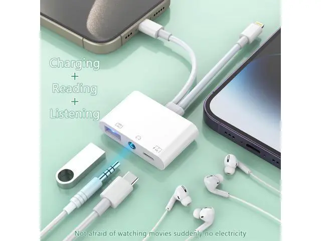Alt view image 4 of 7 - 2-in-3 Lightning + USB C to 3.5mm Aux Audio Headphone Splitter Adapter Cable USB OTG Camera Adapter+3.5mm Jack+Type-C Earphone/Charge Port Phone Splitter for iPhone 15/14/13 iPad