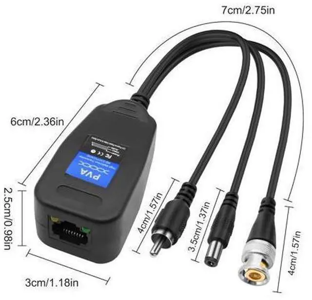 Alt view image 5 of 7 - Passive Video Balun 2 Pairs Passive Video Power Balun Audio Connector 960P/1080P BNC to RJ45 Network Transceiver Cat5/Cat6 Adapter with DC Male Female RCA Male Audio for CCTV Security System