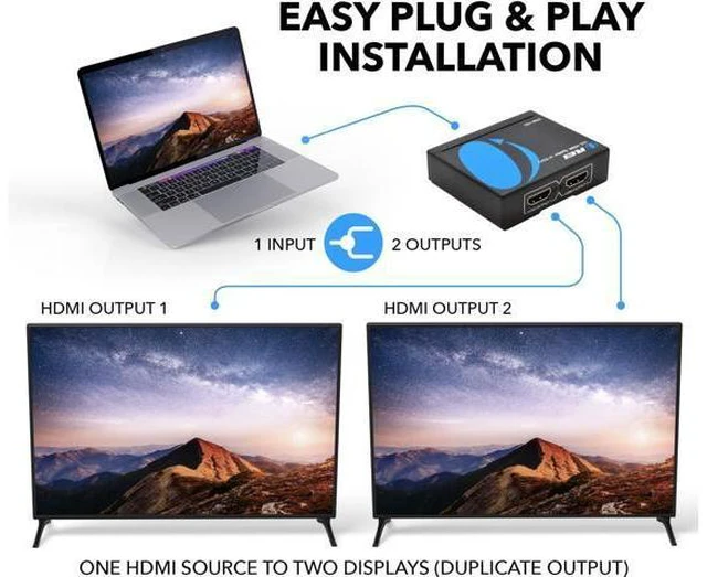 Alt view image 3 of 7 - HDMI Splitter 1 in 2 out - Ultra HD 4K @ 30Hz HDCP 3D & Full HD 1080P Support for Xbox PS4 Blu-ray HDTV - Adapter Included