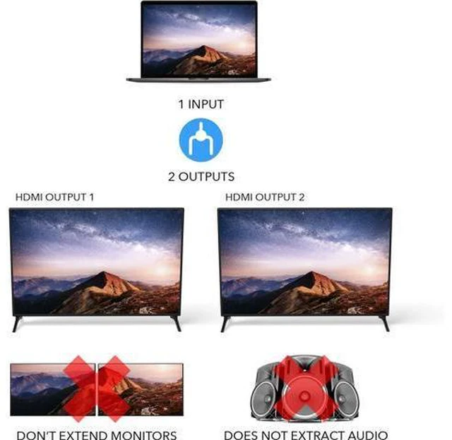 Alt view image 7 of 7 - HDMI Splitter 1 in 2 out - Ultra HD 4K @ 30Hz HDCP 3D & Full HD 1080P Support for Xbox PS4 Blu-ray HDTV - Adapter Included
