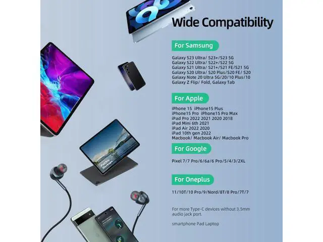 Alt view image 7 of 7 - USB-C Wired Earbuds with Microphone, Volume Control, Noise Canceling, Compatible with Samsung Galaxy S24 S23 S22, iPhone 17 16 15 Pro Pro max, Pixel Phones