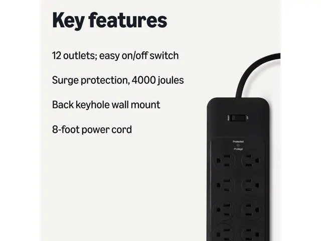 Alt view image 7 of 7 - 12-Outlet Surge Protector Power Strip, 4000 Joules, 8ft Extension Cord, Rectangle, for Home, Office, Gaming Room, Black