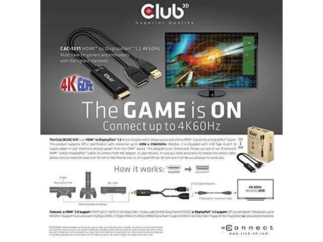 Alt view image 3 of 5 - Club 3D 4K 60Hz HDMI to DisplayPort Video Adapter w/USB Power - HDMI 2.0 (Male) to DP 1.2 (Female) Active Monitor Converter (CAC-1331) (CAC-1331)