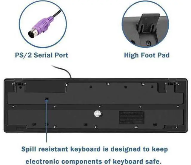 Alt view image 4 of 5 - Wired PS2 104 Keys Computer Keyboard with Stands,Black,Waterproof - US Layout Compatible for Windows, PC, Laptop