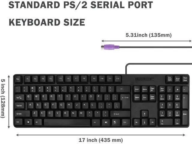 Alt view image 3 of 5 - Wired PS2 104 Keys Computer Keyboard with Stands,Black,Waterproof - US Layout Compatible for Windows, PC, Laptop