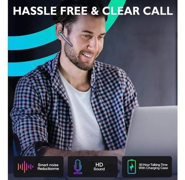 Alt view image 7 of 7 - Bluetooth Headset Eumspo V5.1 Bluetooth Earpiece 50Hrs Playtime Built-in Dual Noise Canceling Mic Wireless Headset with Microphones with 400mAh LED Charging Case for Business Office Working